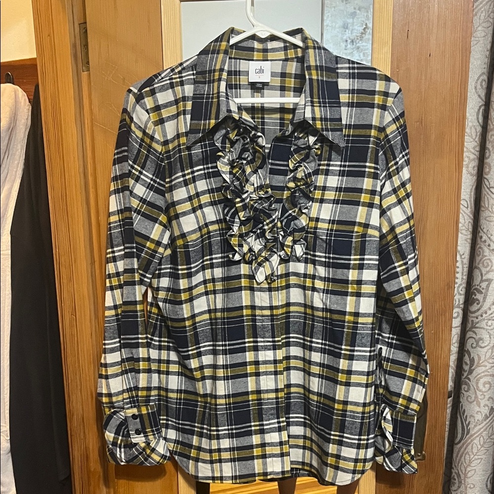 CAbi Yellow and navy Plaid Blouse